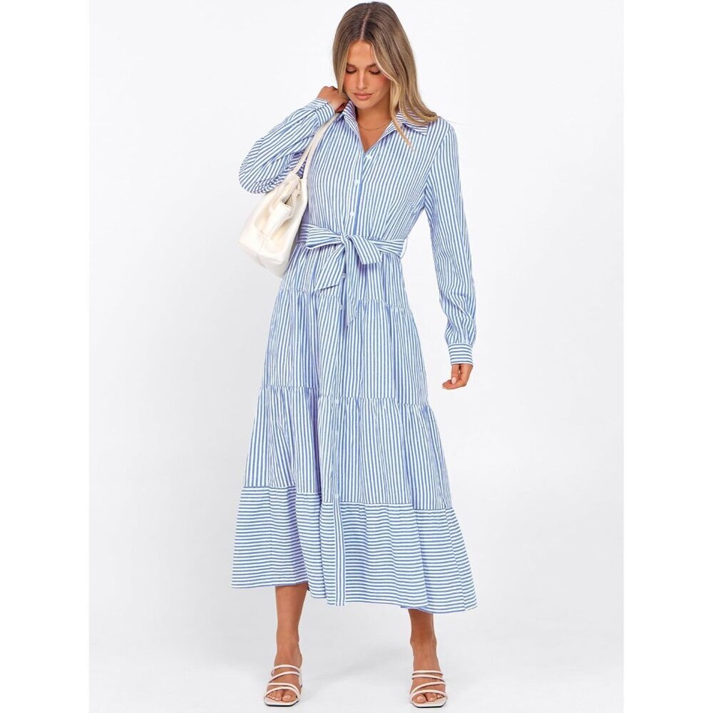 Women Long Sleeve Maxi Dress Rayon Casual Button Stripe Plaid Tie Waist - Picture 3 of 6